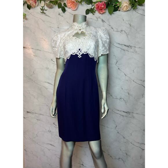 Scott McClintock Vintage Lace Beaded Dress Royal Blue White 4 Small - Picture 1 of 16